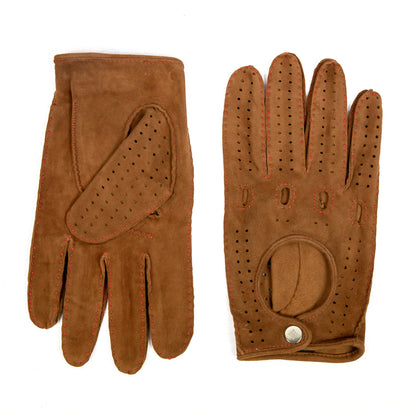 Men's unlined hand-stitched suede driving gloves in rich brown with red stitching and button closure, showcasing Italian craftsmanship.