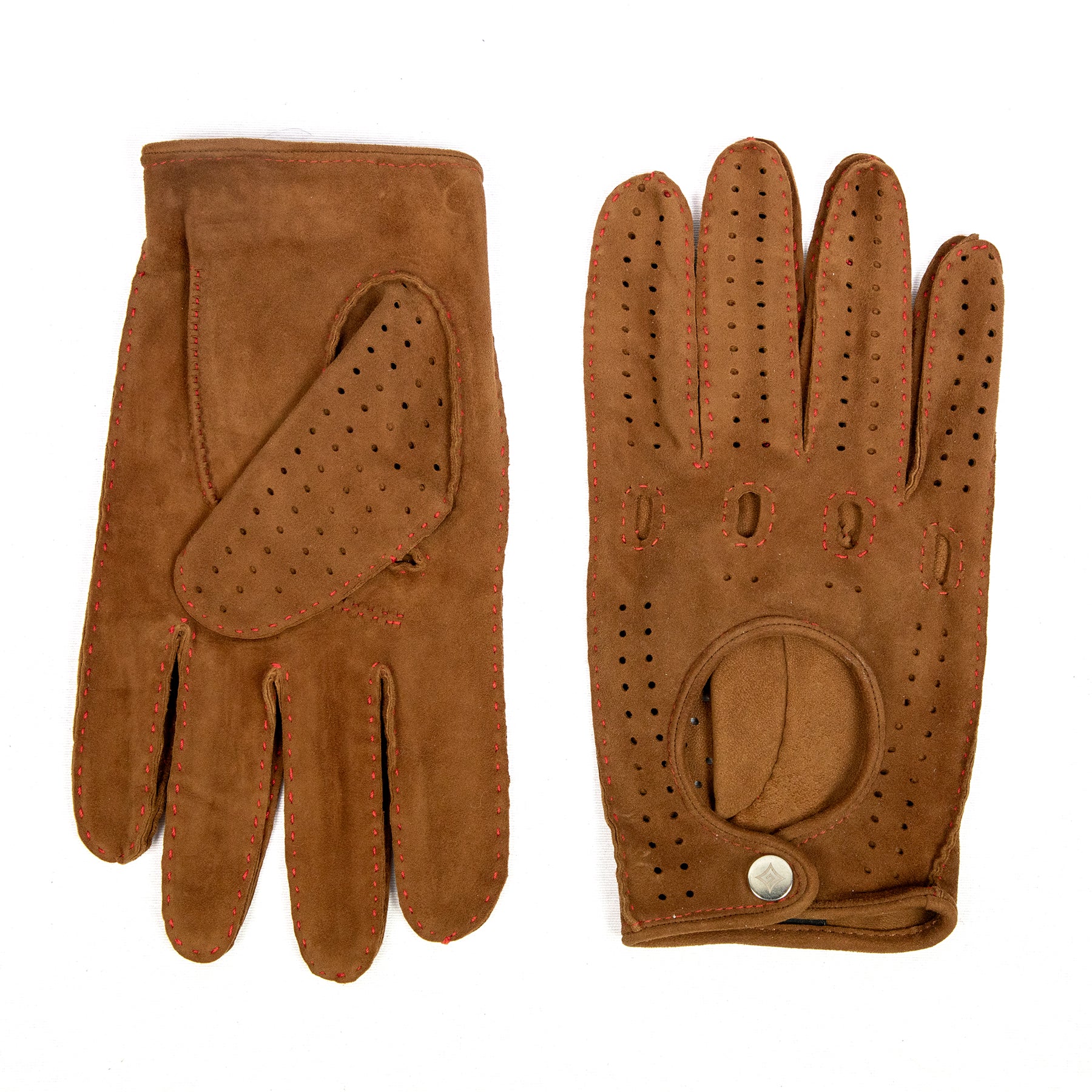Men's unlined hand-stitched suede driving gloves in rich brown with red stitching and button closure, showcasing Italian craftsmanship.