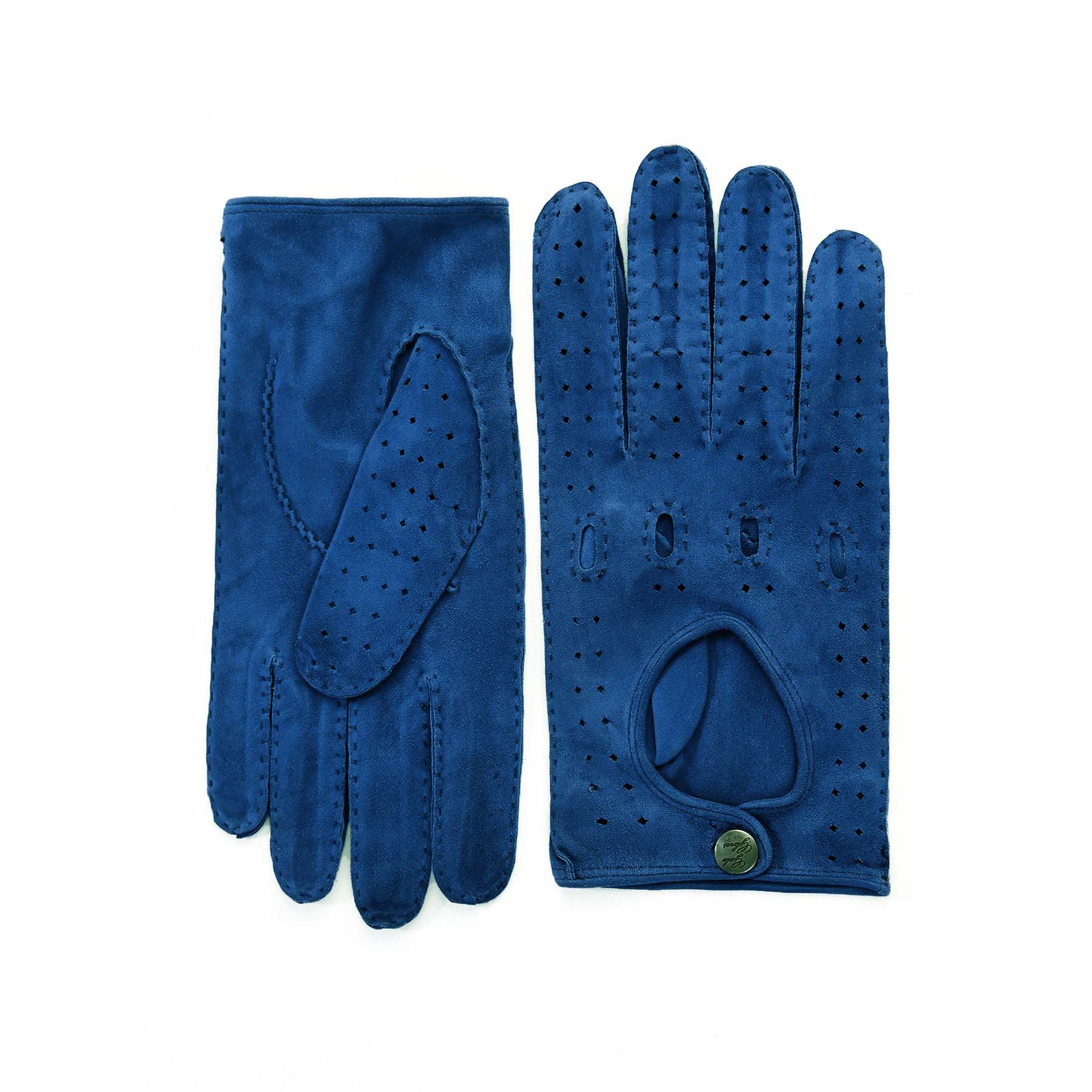 Men's unlined hand-stitched suede driving gloves in deep blue, featuring perforations and a stylish button closure.