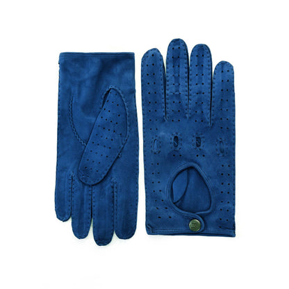 Men's unlined hand-stitched suede driving gloves with button closure