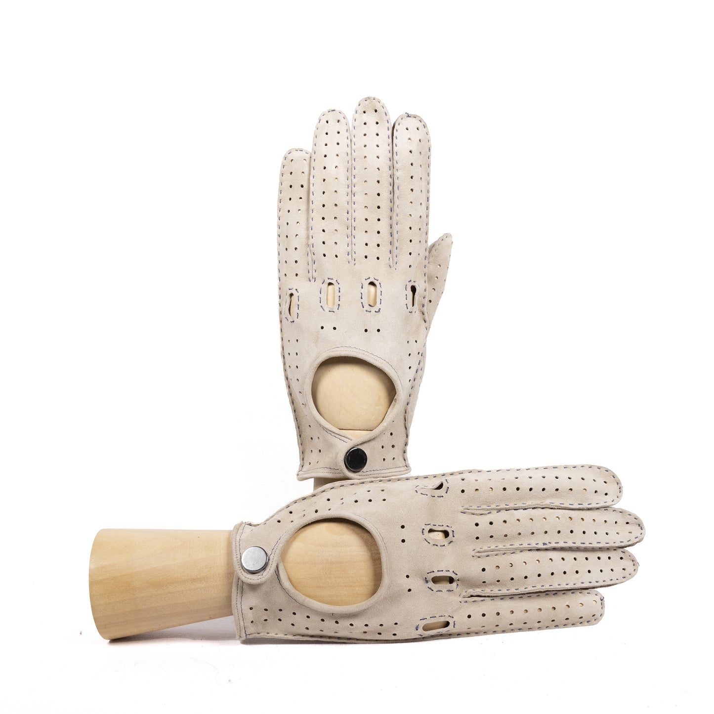 Men's unlined hand-stitched suede driving gloves with button closure