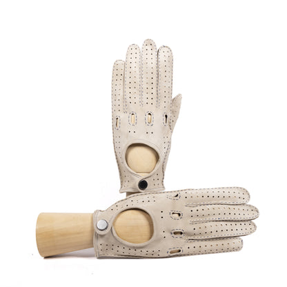 Men's unlined hand-stitched suede driving gloves with button closure
