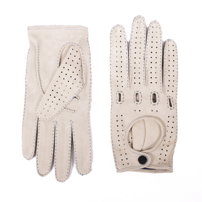 Men's unlined hand-stitched suede driving gloves with button closure