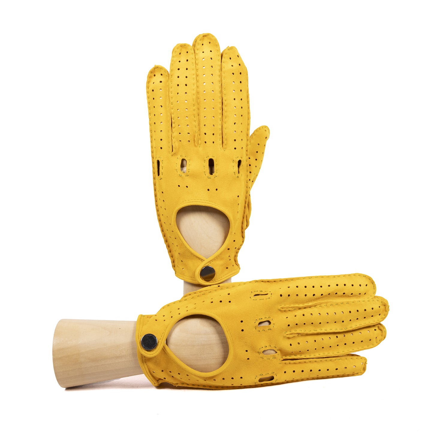 Men's unlined hand-stitched suede driving gloves with button closure