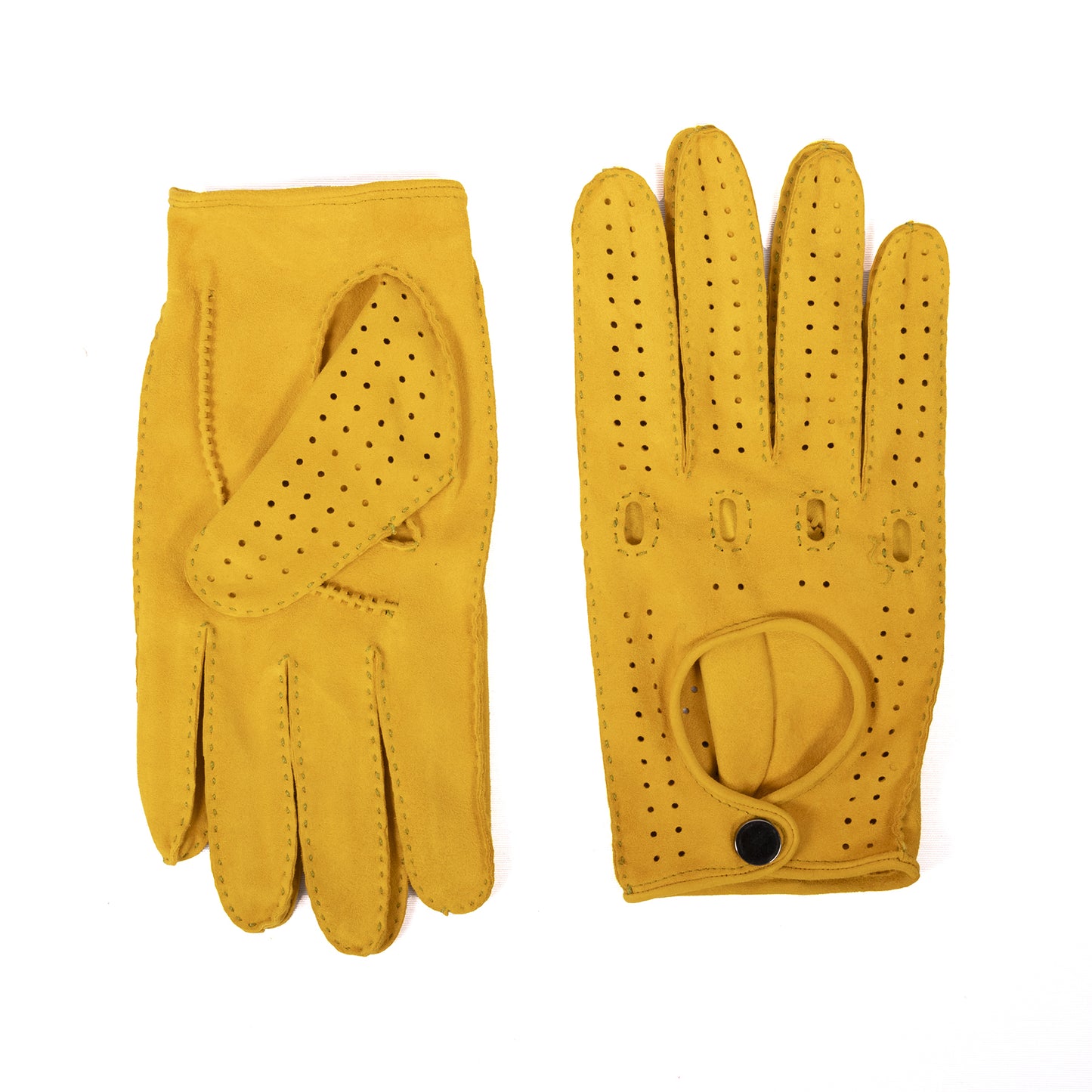Men's unlined hand-stitched suede driving gloves with button closure