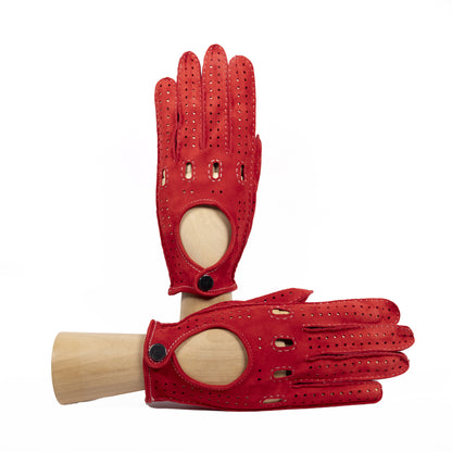 Men's unlined hand-stitched suede driving gloves with button closure