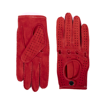 Men's unlined hand-stitched suede driving gloves with button closure