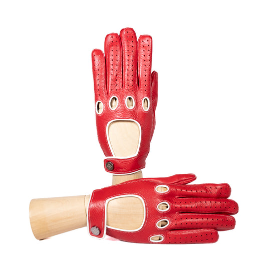 Men's deerskin driving gloves with snap closure and contrast color details