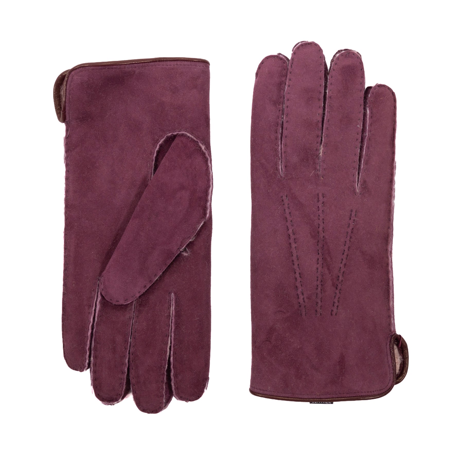 Men's burgundy curly lambskin gloves featuring a leather piped edge and side opening, showcasing elegant Italian craftsmanship.