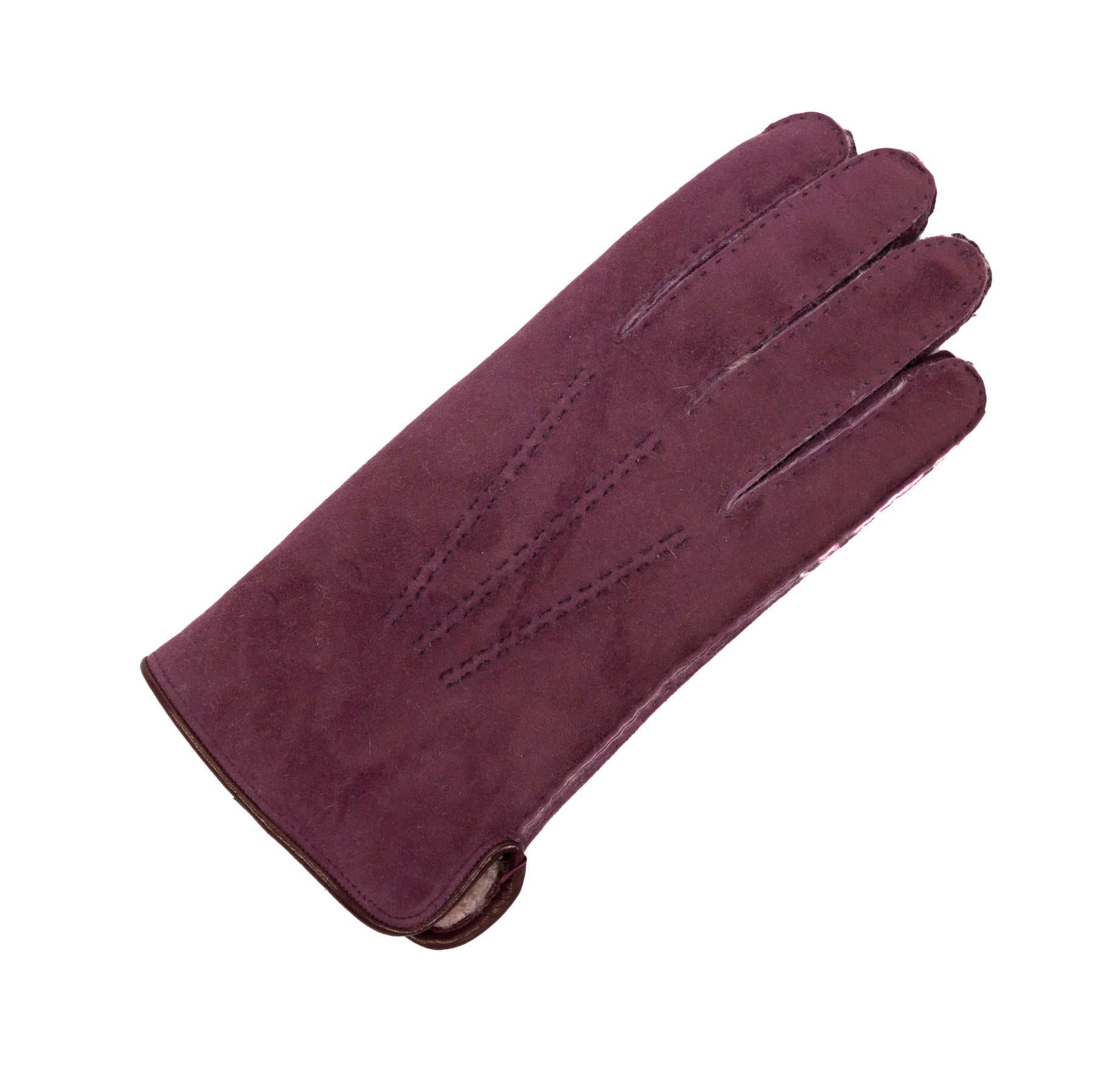Men's curly lambskin glove in deep burgundy, featuring a leather piped edge and side opening for an elegant touch.