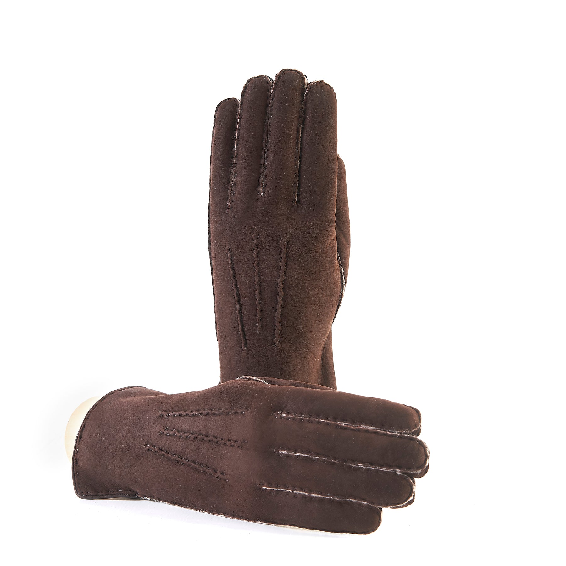 Men's brown curly lambskin gloves featuring a leather piped edge and elegant side opening, showcasing Italian craftsmanship.
