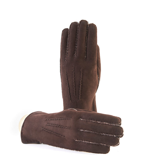 Men's curly lambskin gloves with leather piped edge and side opening