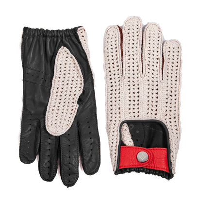 Men's cognac leather driving gloves with crochet top and red deerskin strap