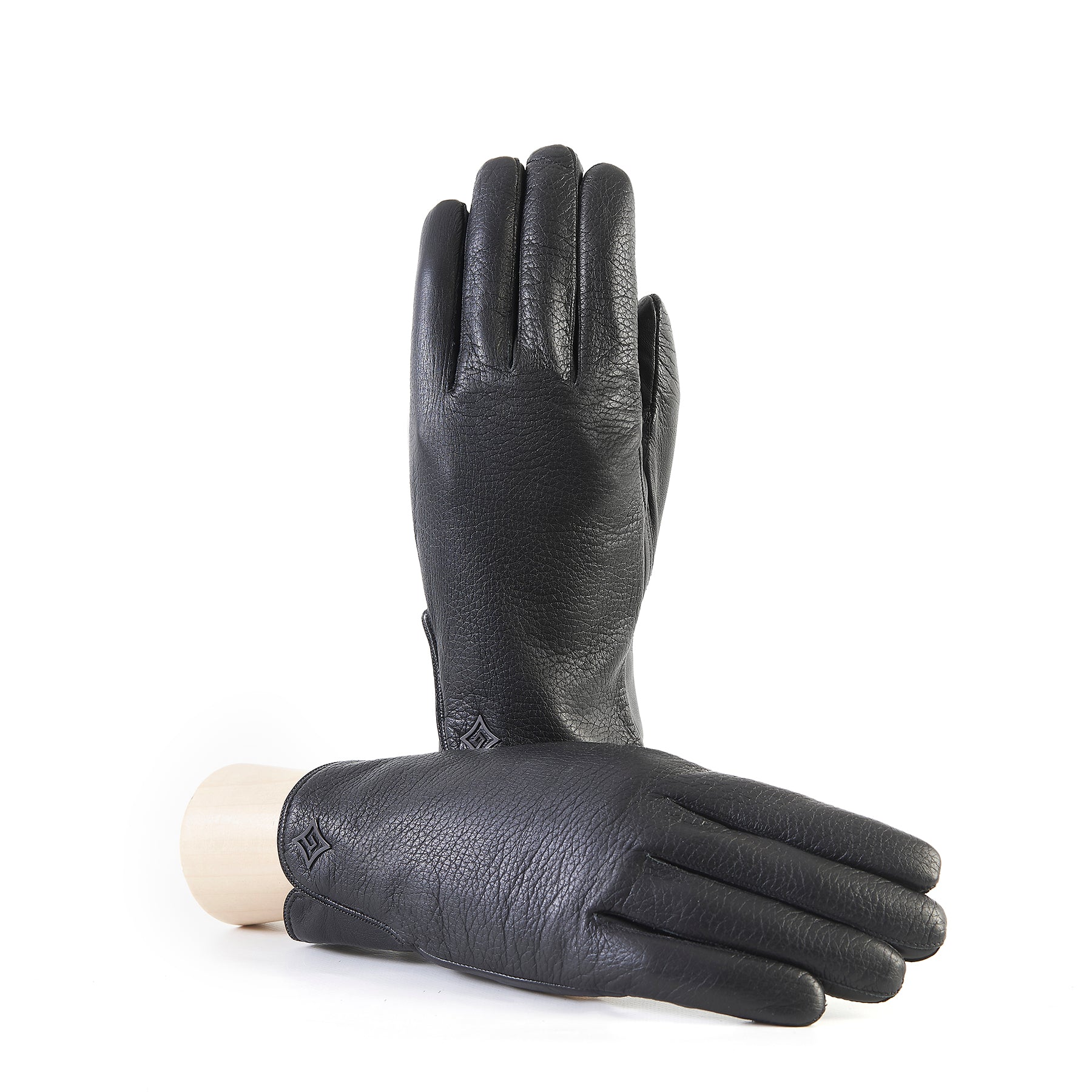 Men's black deerskin leather gloves featuring a touchscreen palm and soft cashmere lining, showcasing Italian craftsmanship.