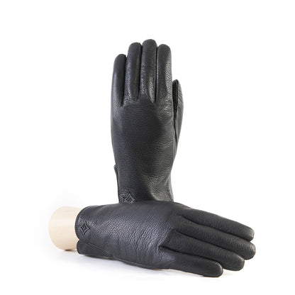 Men's black deerskin leather gloves featuring a touchscreen palm and soft cashmere lining, showcasing Italian craftsmanship.