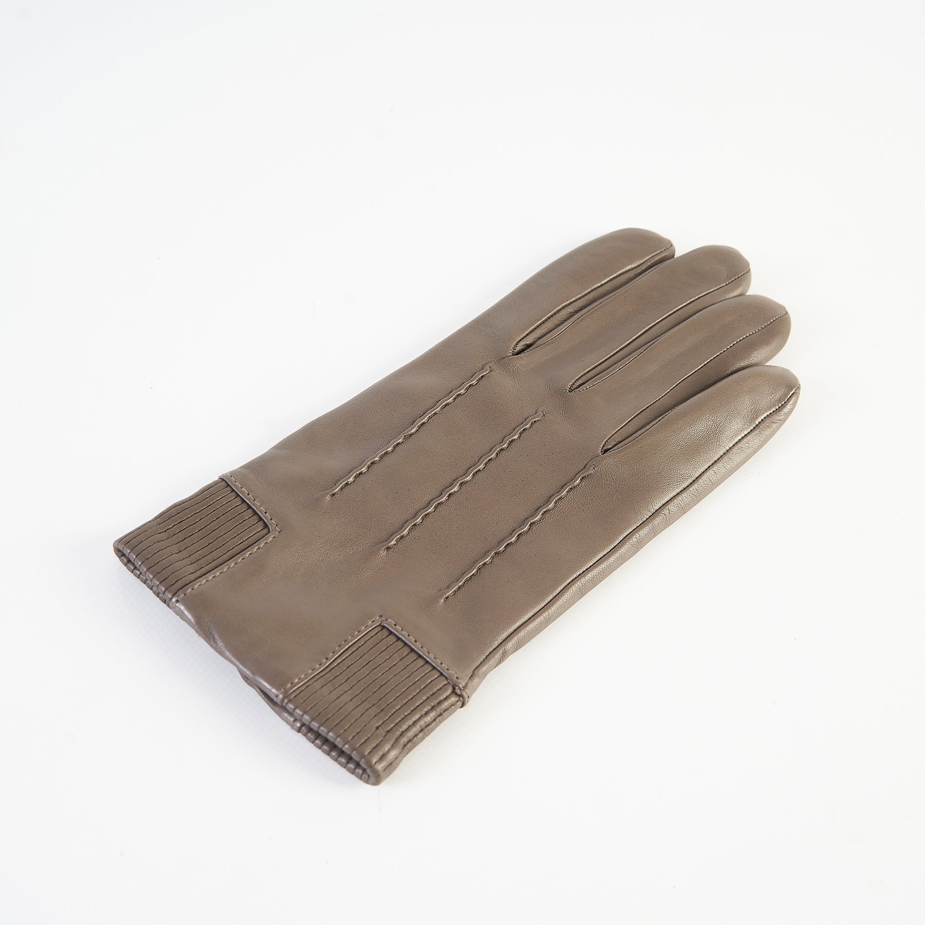 Men's brown nappa leather gloves featuring elastic panel detail and cashmere lining, showcasing Italian craftsmanship and elegance.