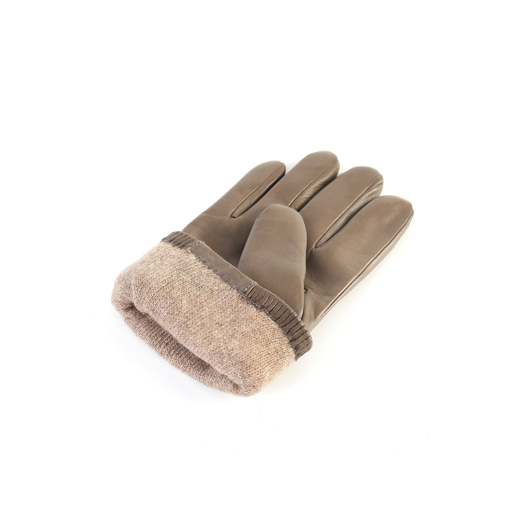 Men's nappa leather gloves in taupe, featuring a cashmere-lined cuff for added warmth and elegance.