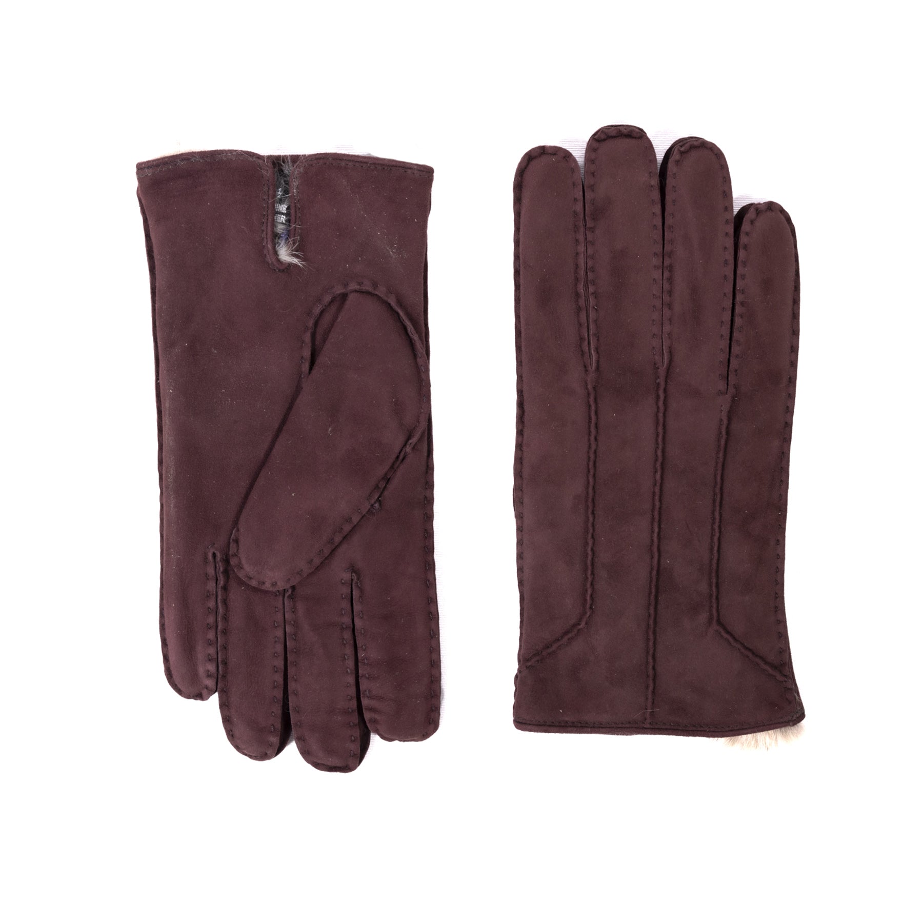 Handcrafted bordeaux suede gloves featuring a soft rabbit lining, showcasing elegant Italian design and meticulous stitching.