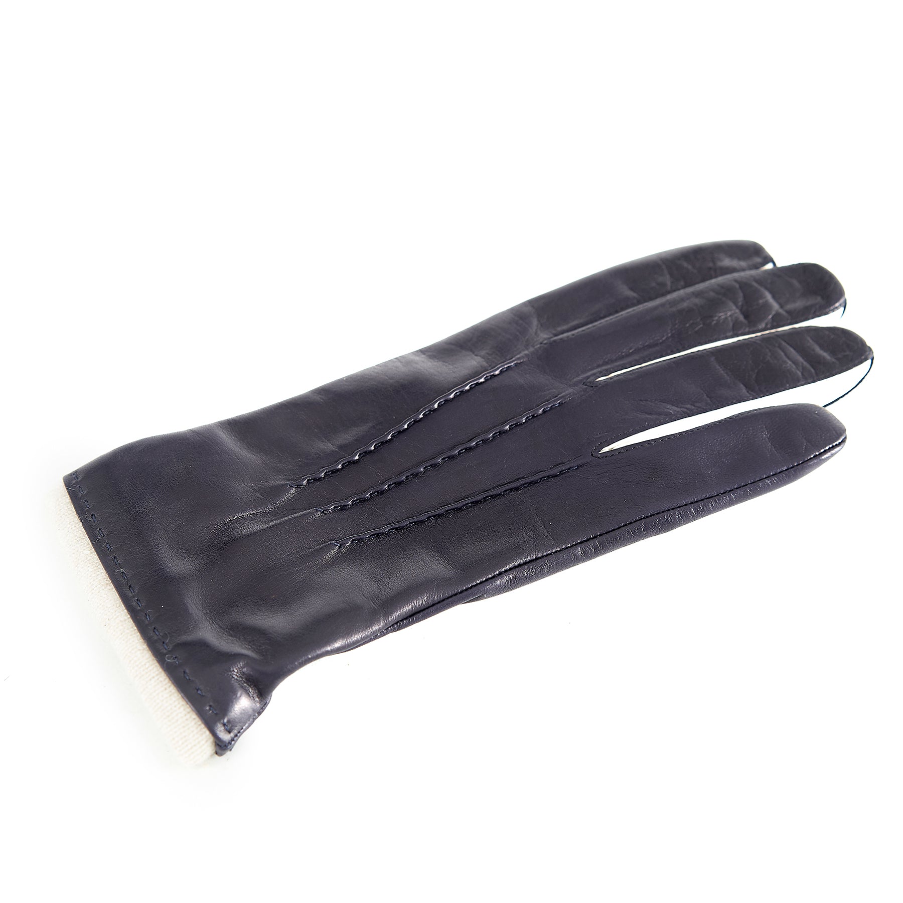 Men's navy nappa leather glove featuring contrast finger inserts and a soft cashmere lining for luxurious warmth and style.