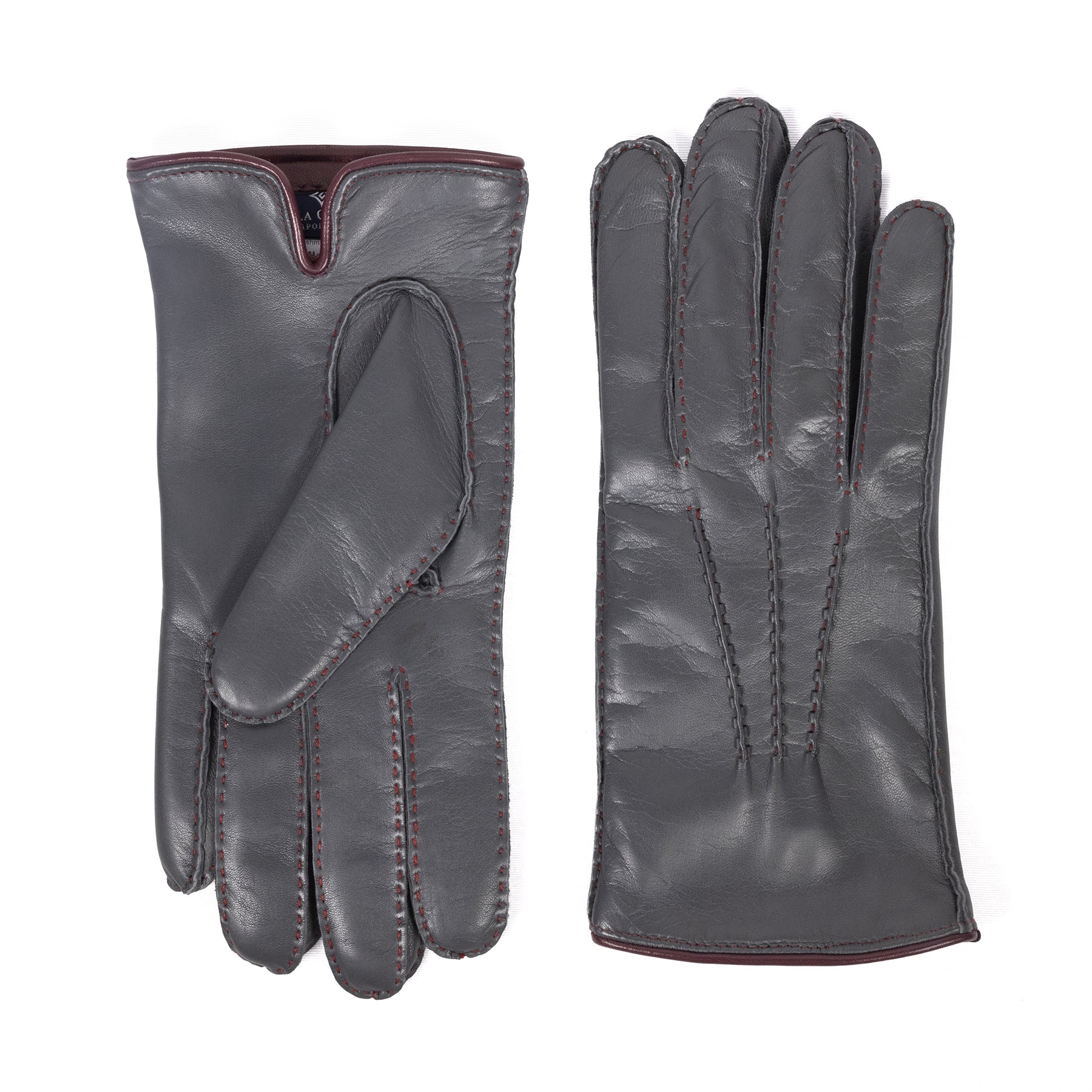 Men's hand-stitched gray nappa leather gloves featuring a rich cashmere lining and contrasting burgundy stitching.