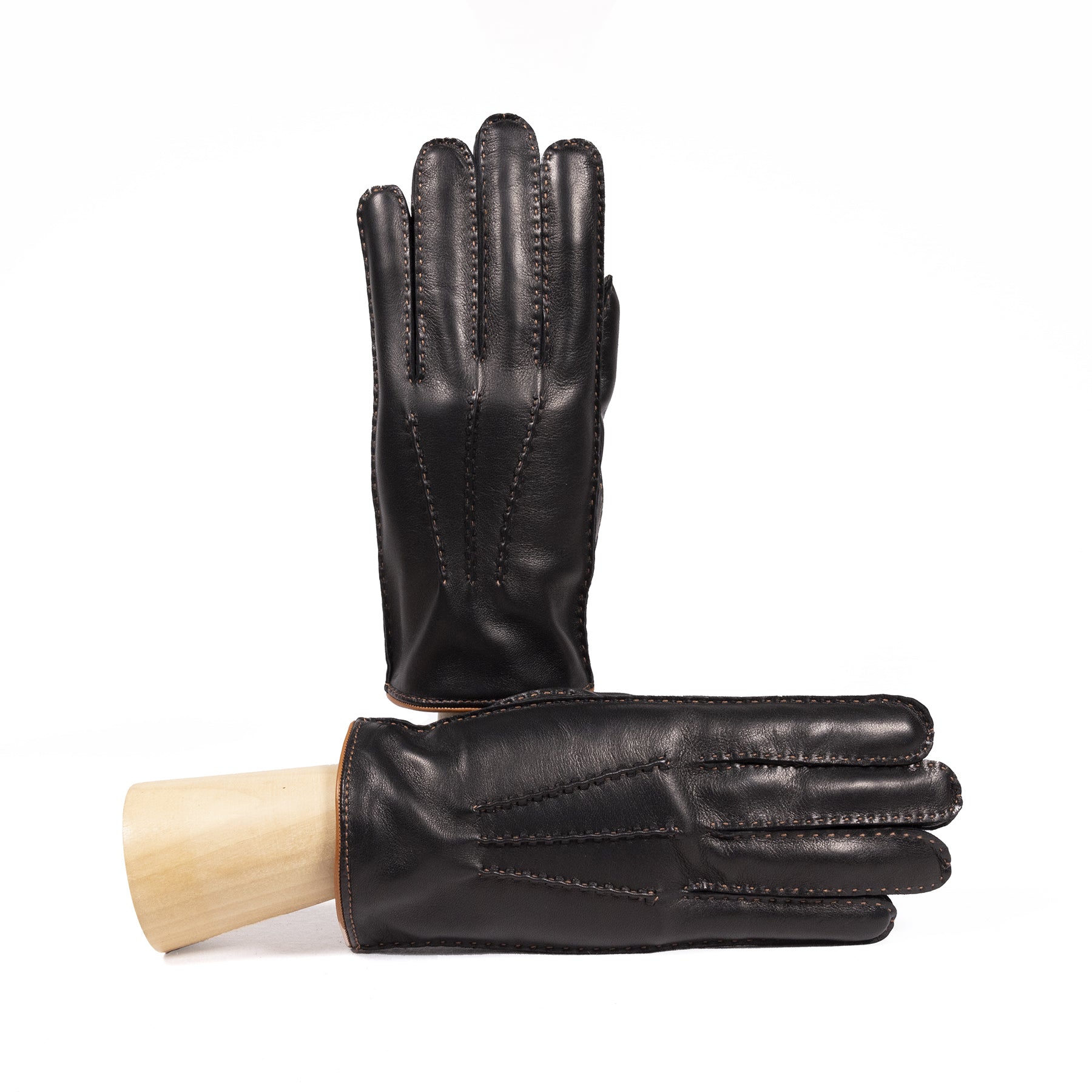 Men's black nappa leather gloves featuring hand-stitched details and a soft cashmere lining for added warmth and luxury.