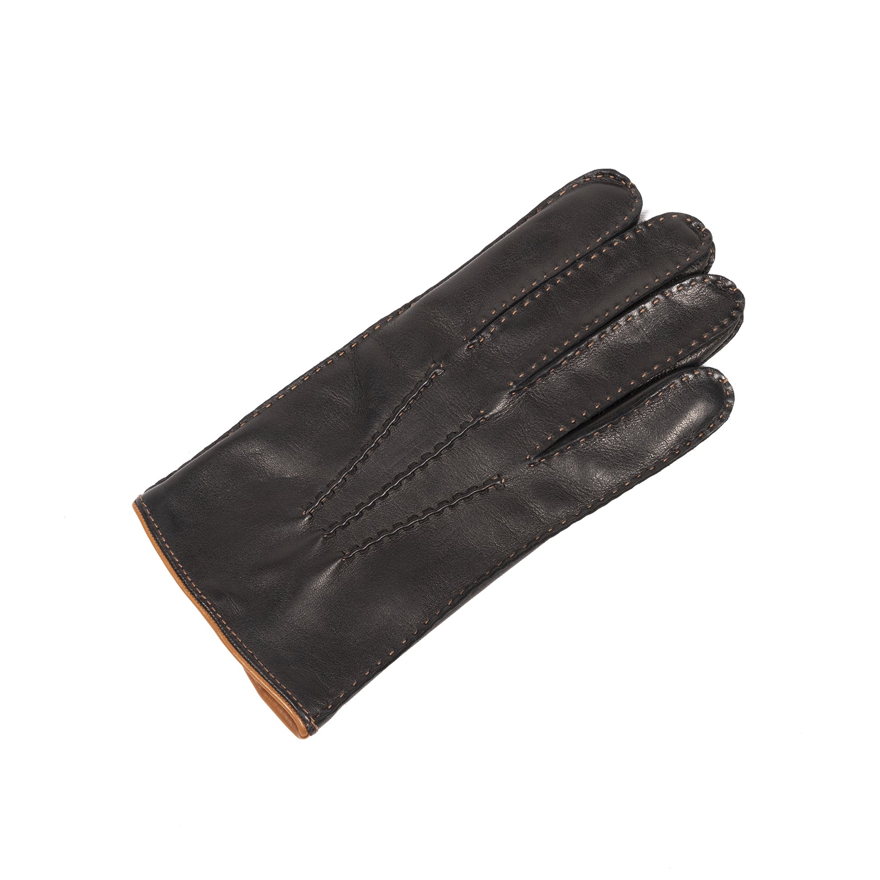 Men's hand-stitched black nappa leather gloves with a luxurious cashmere lining, showcasing exquisite Italian craftsmanship.
