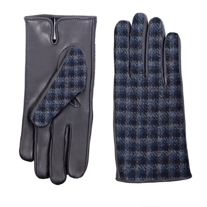 Mens black leather gloves featuring a Holland & Sherry superfine wool top in a classic check pattern, showcasing Italian elegance.