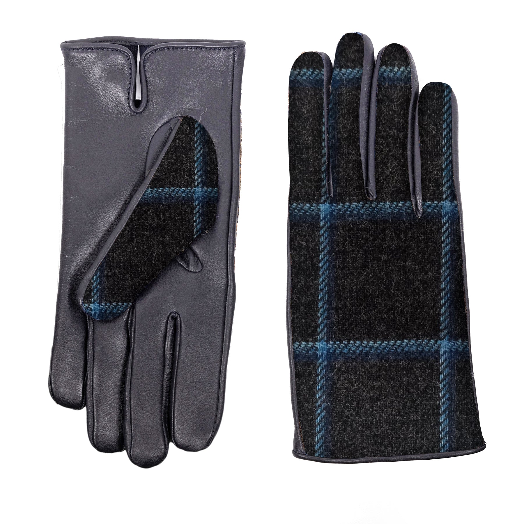 Mens black leather gloves featuring a Holland & Sherry plaid wool top, showcasing elegant Italian craftsmanship and premium materials.