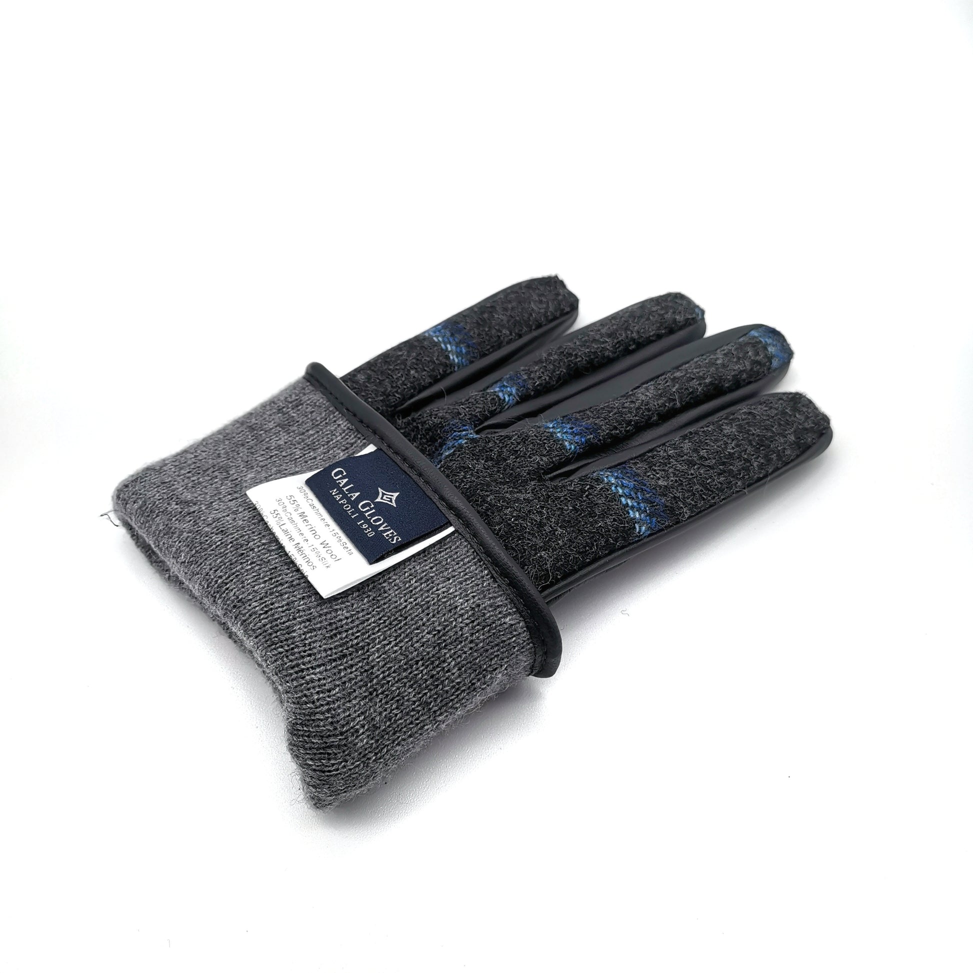 Mens leather gloves featuring a Holland & Sherry superfine wool top in gray with blue accents, showcasing Italian craftsmanship.