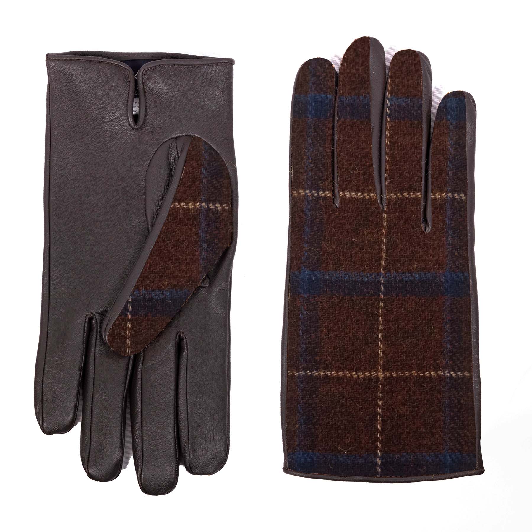 Mens dark brown leather gloves featuring a Holland & Sherry superfine wool top with a classic plaid pattern.
