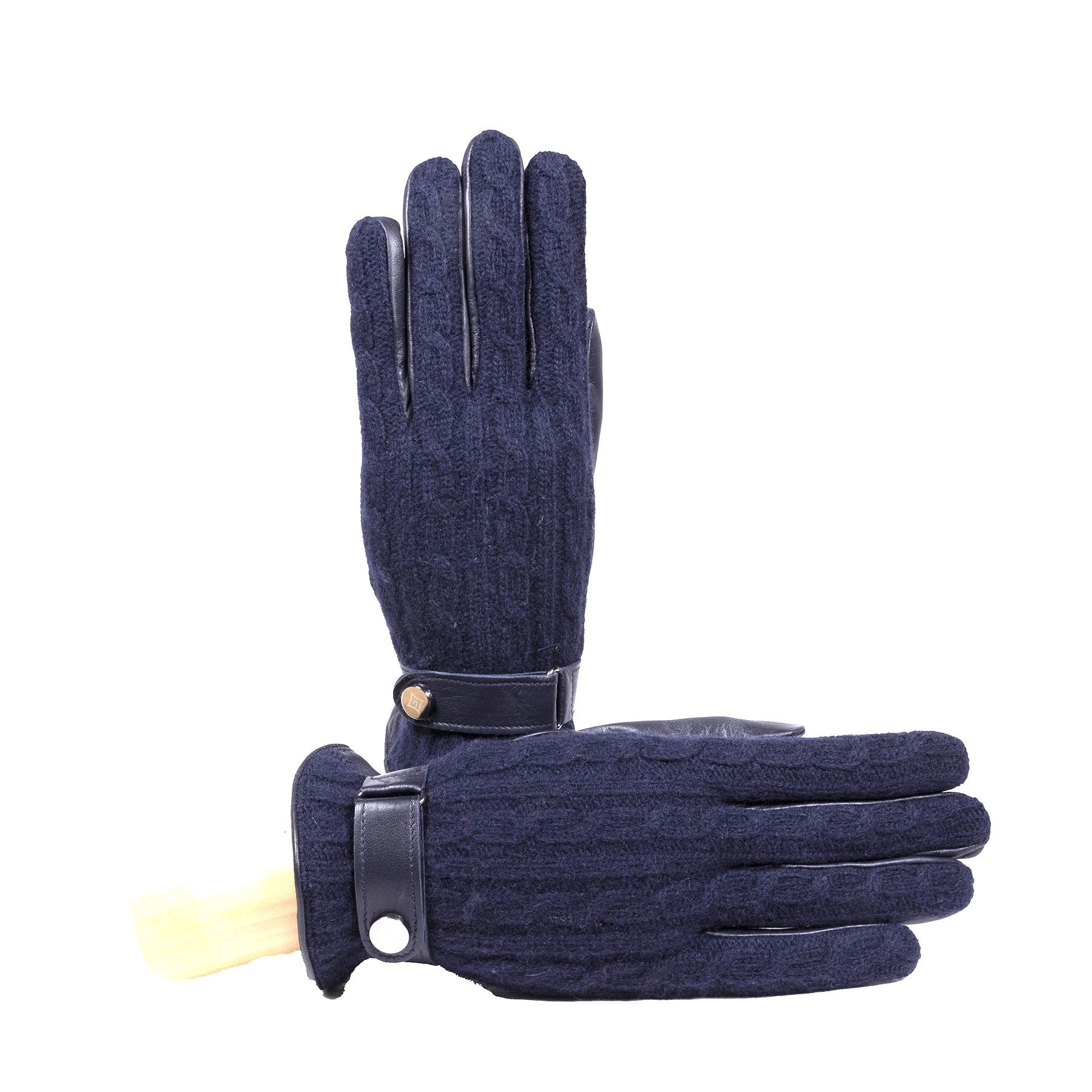 Men's touchscreen black nappa leather gloves featuring a woven wool top and leather strap for an elegant, sophisticated look.