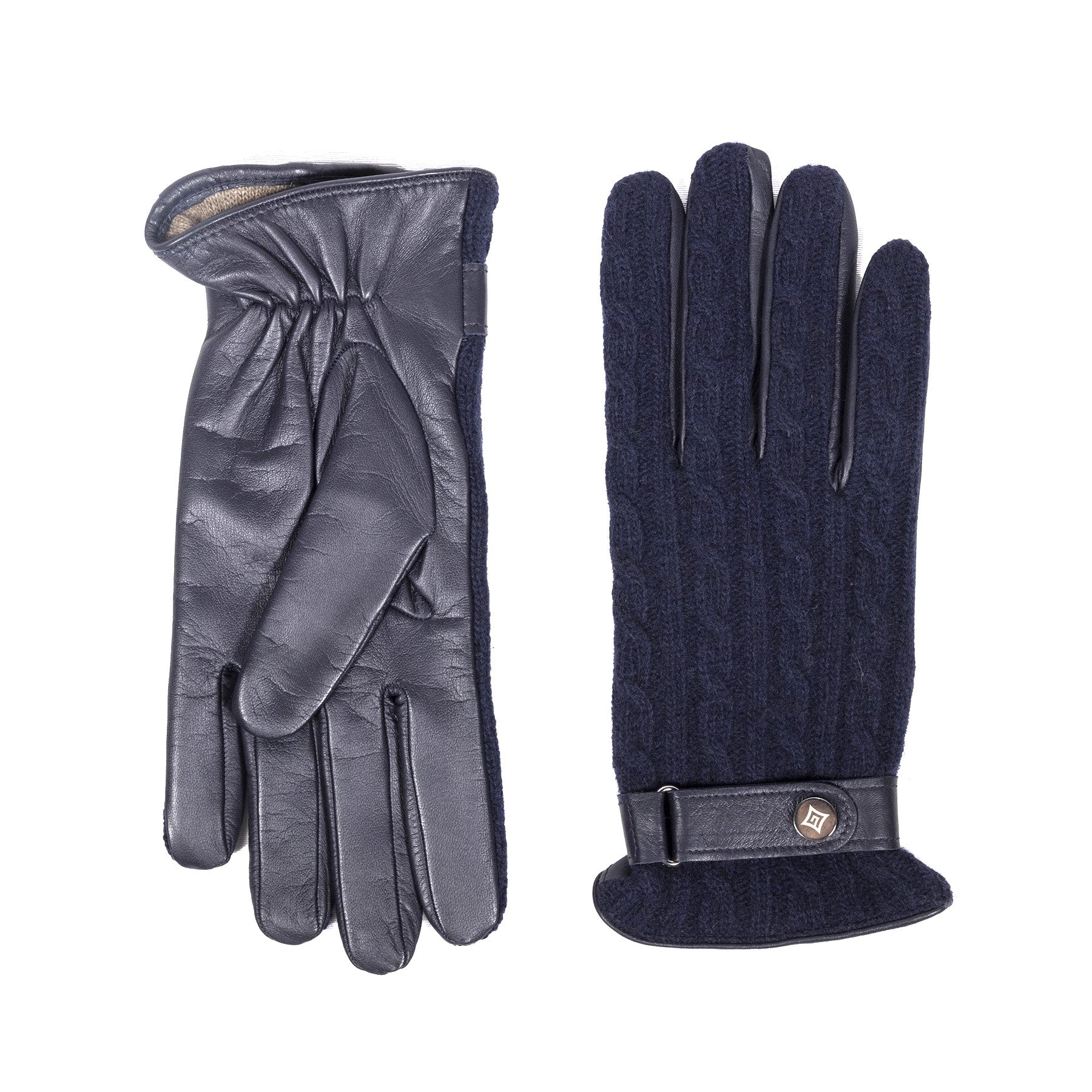 Mens black nappa touchscreen leather gloves featuring a woven wool top and leather strap, embodying Italian craftsmanship and elegant design