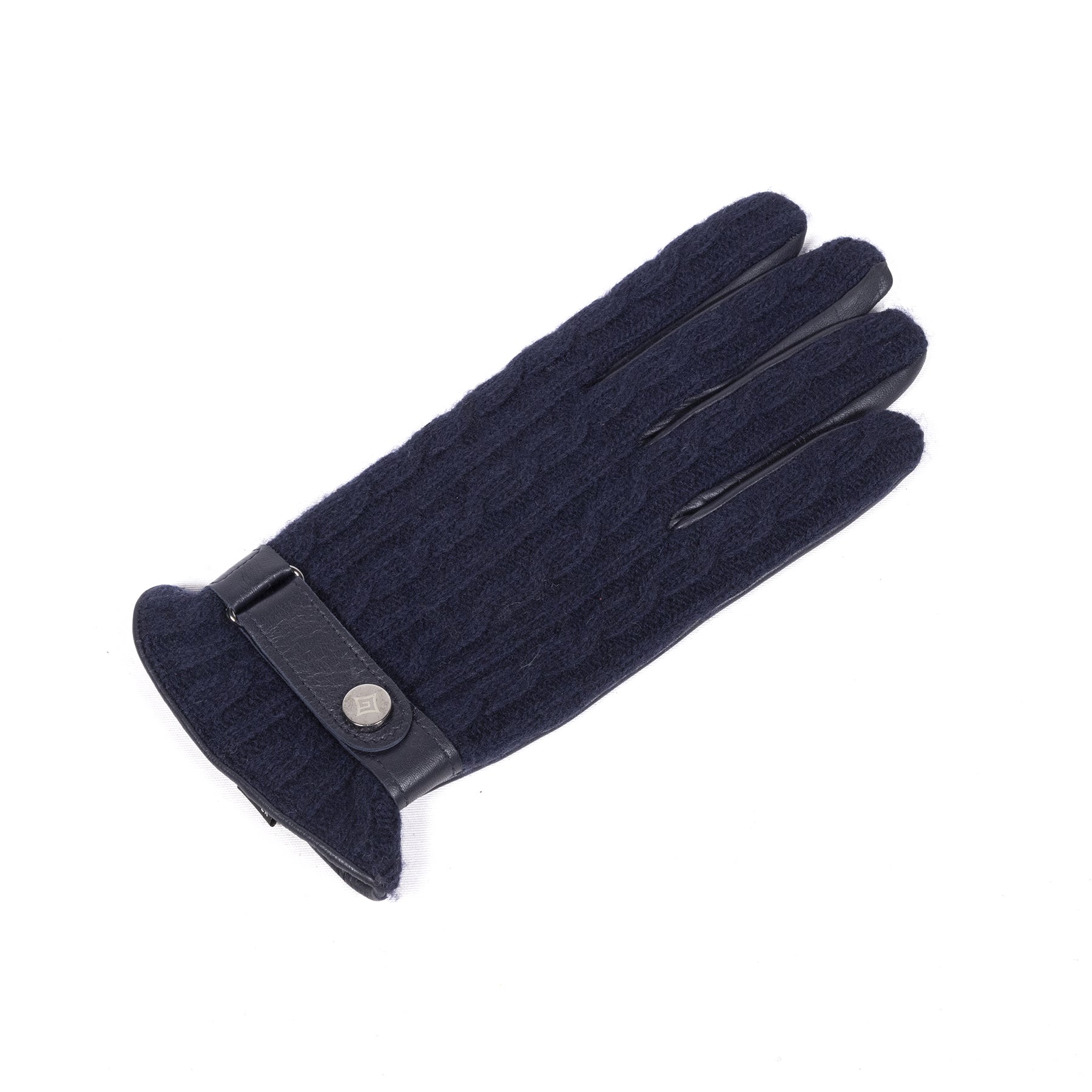 Men's touchscreen black nappa leather gloves featuring a woven wool top and a stylish leather strap for an elegant touch.