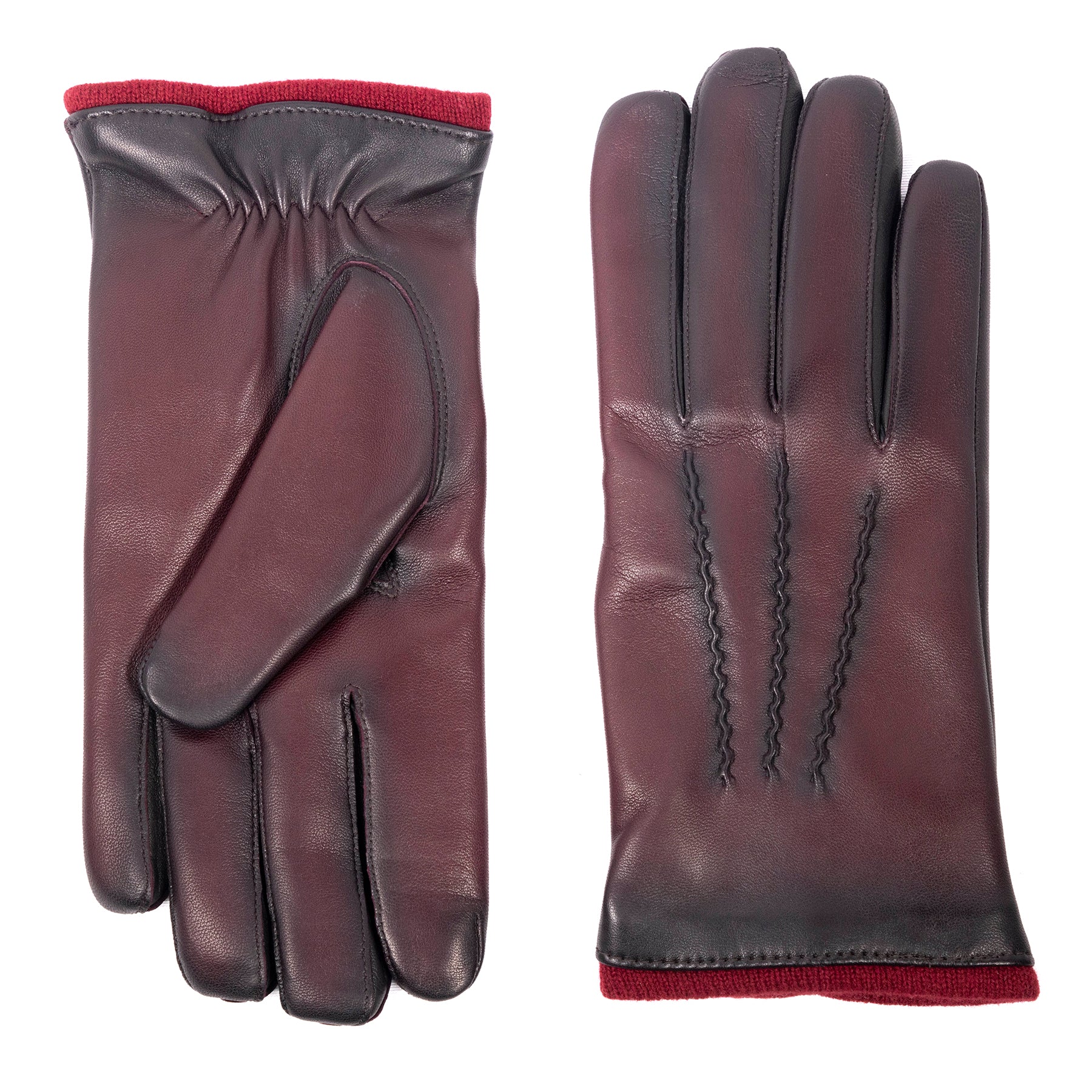 Men's vintage style leather gloves in deep burgundy, featuring a snug fit and elegant stitching, showcasing Italian craftsmanship.