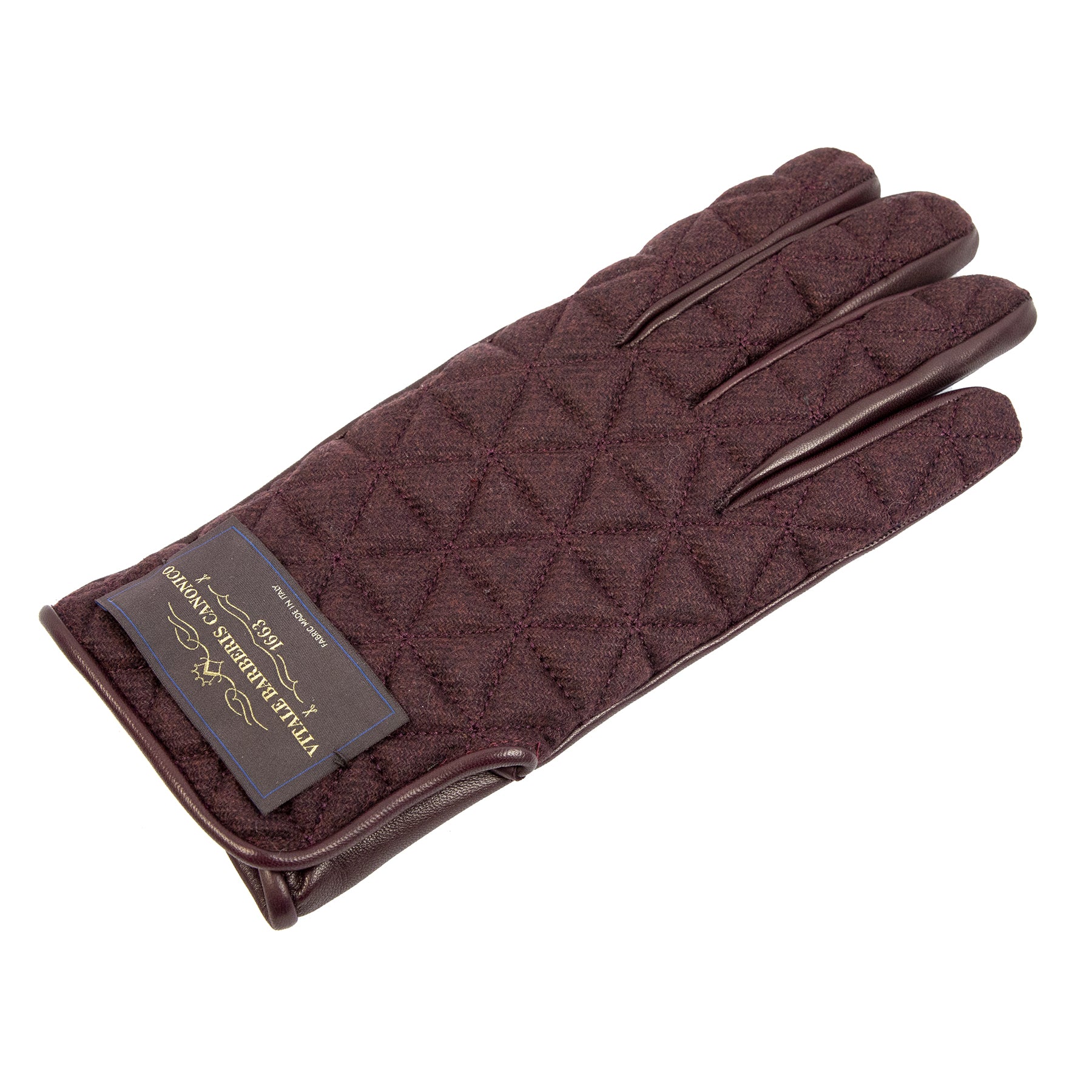 Quilted burgundy fabric and nappa leather gloves showcasing elegant Italian craftsmanship and refined design.