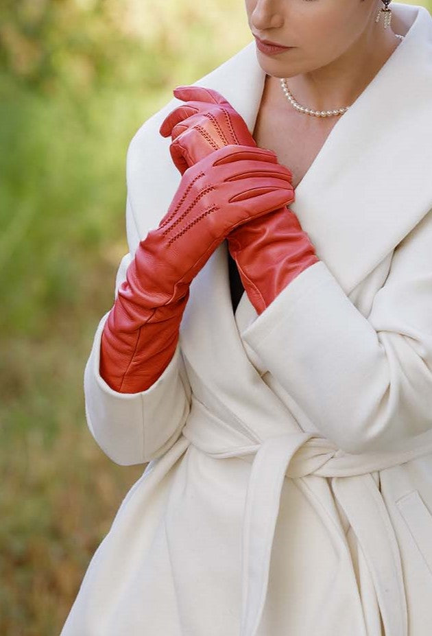 Women's red nappa elegant gloves long to elbow and silk lined