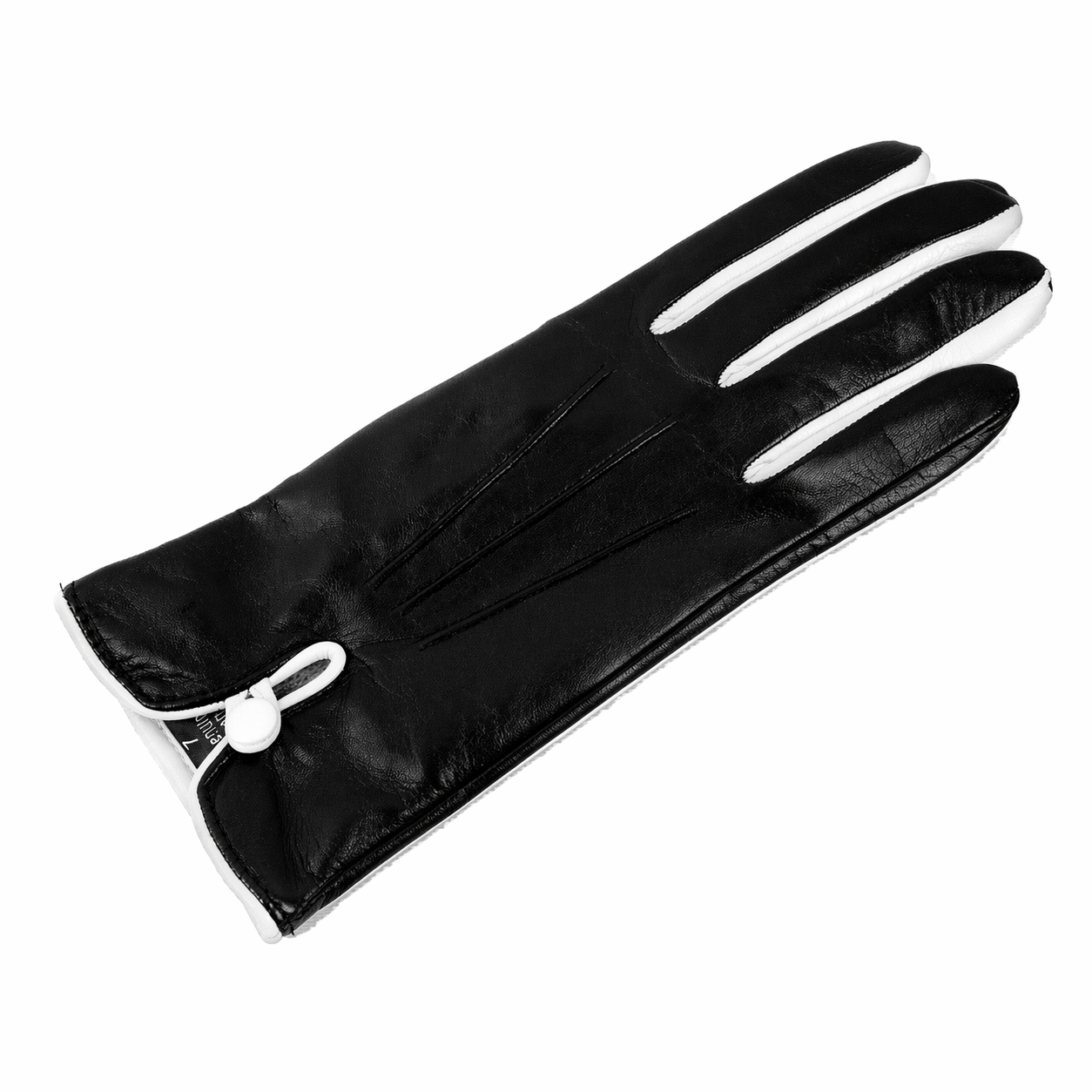 Women's black nappa leather gloves featuring elegant white detailing and a luxurious silk lining for ultimate comfort.