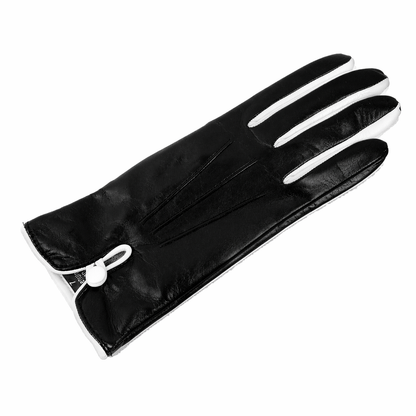 Women's black nappa leather gloves featuring elegant white detailing and a luxurious silk lining for ultimate comfort.