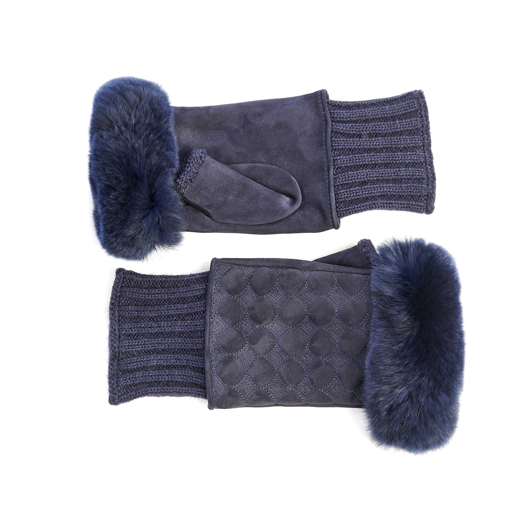 Womens navy suede fingerless gloves featuring a knitted wool cuff and plush natural fur tips for a luxurious touch.