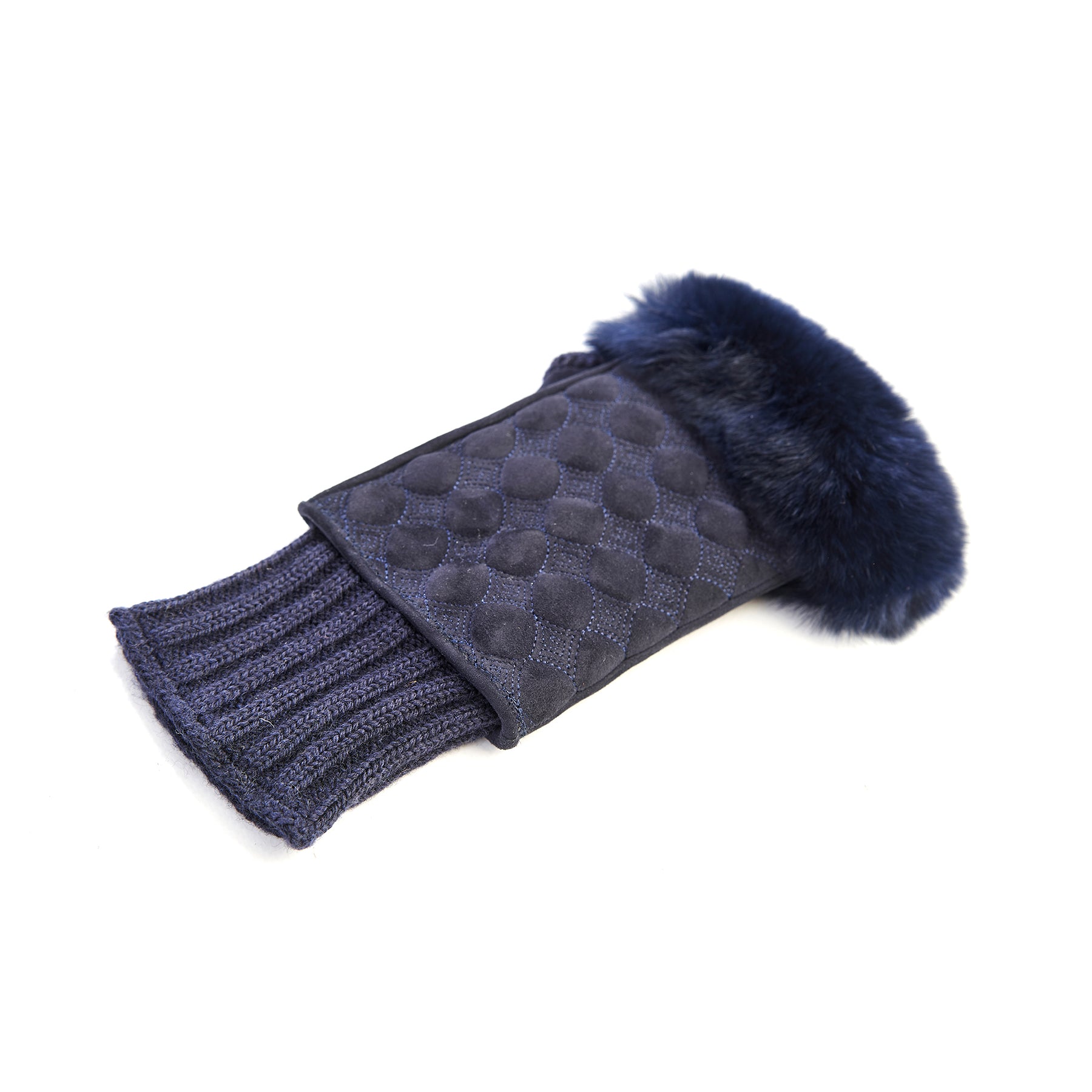 Navy suede fingerless gloves with a cozy wool cuff and elegant natural fur tips, showcasing Italian luxury craftsmanship.