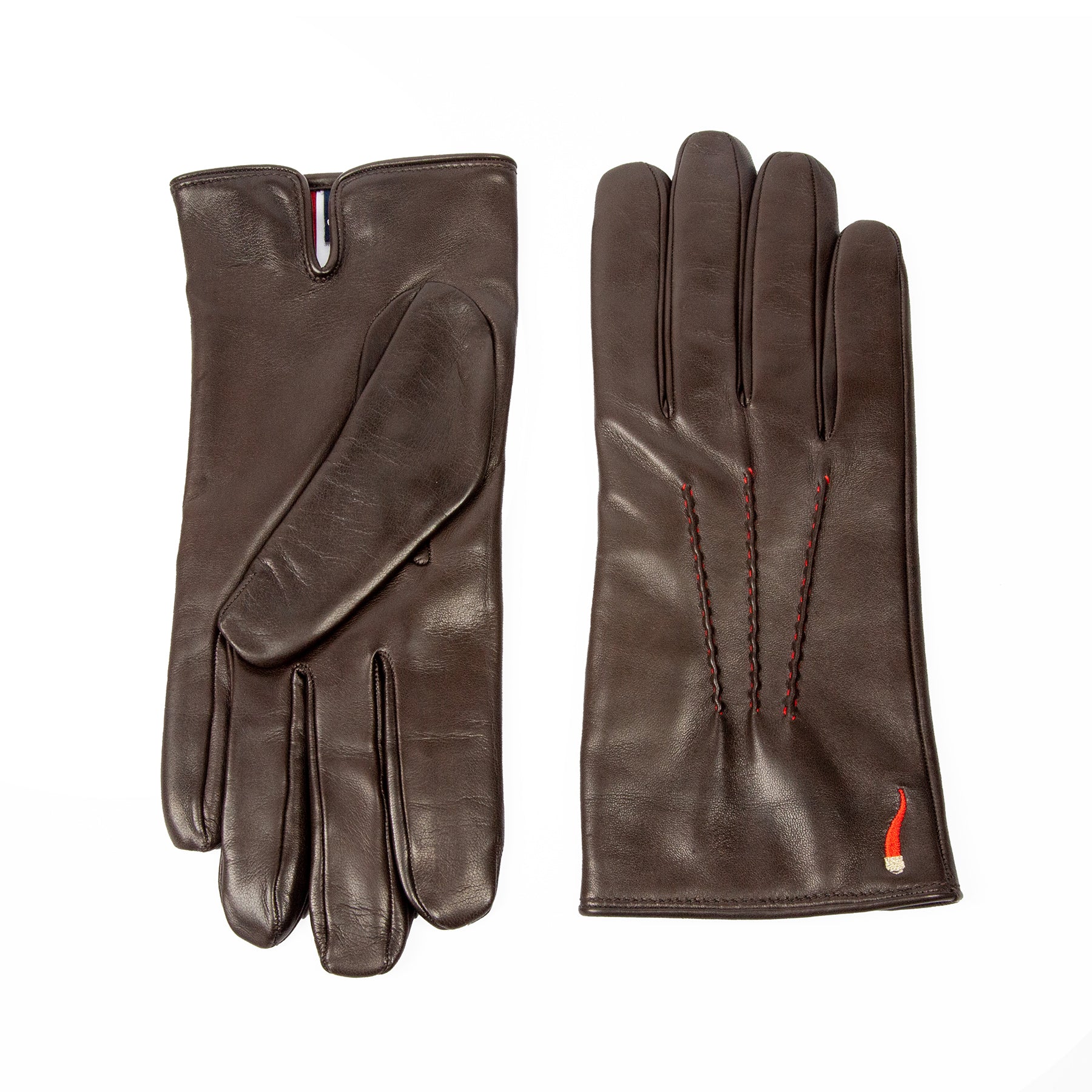 Men's brown nappa leather gloves "Curniciello" with 3 red points on top and cashmere lining