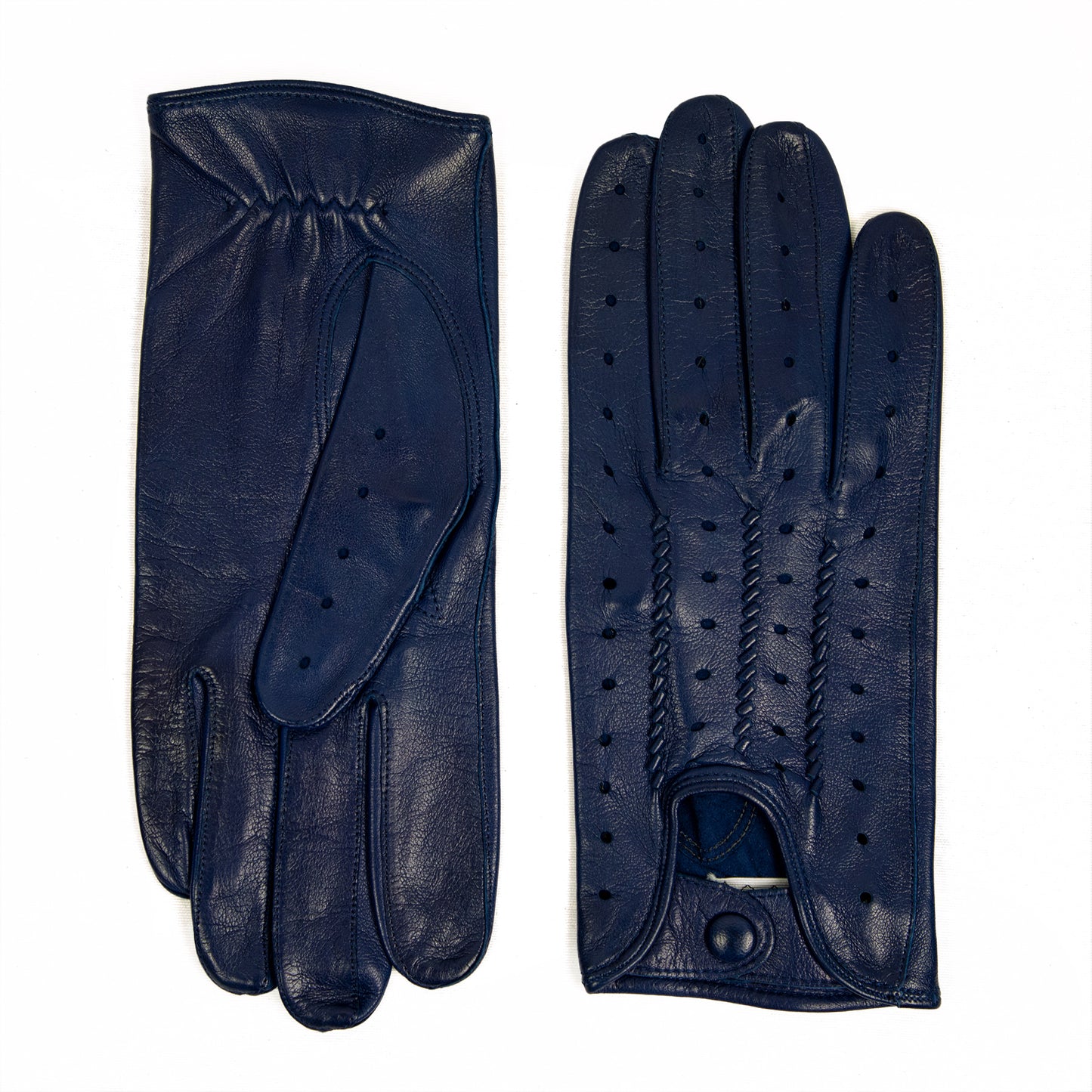 Men's blue leather driving gloves with button closure