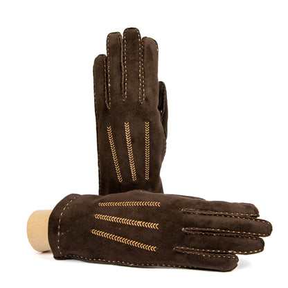 Women's classic brown suede leather gloves entirely hand-sewn with cashmere lining