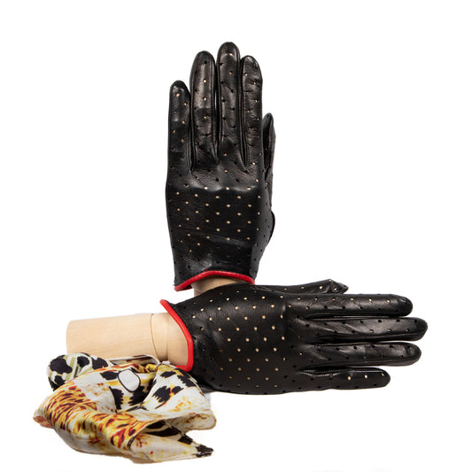 Women's unlined black nappa leather gloves with perforated pois detail