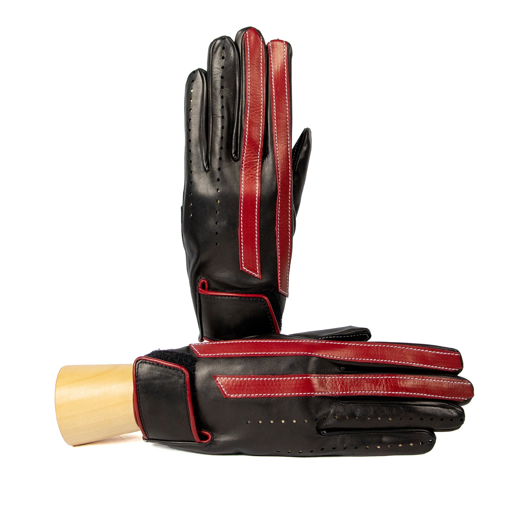 Men's unlined driving gloves in black nappa leather with red leather strips