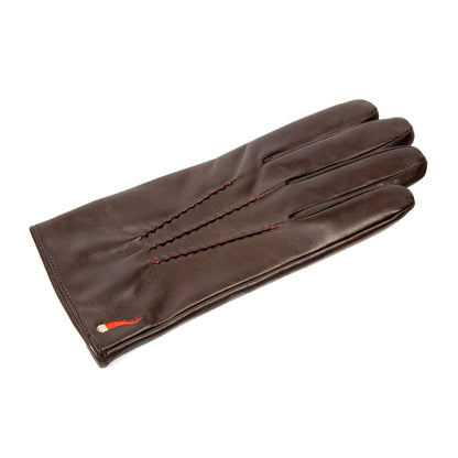 Men's brown nappa leather gloves "Curniciello" with 3 red points on top and cashmere lining