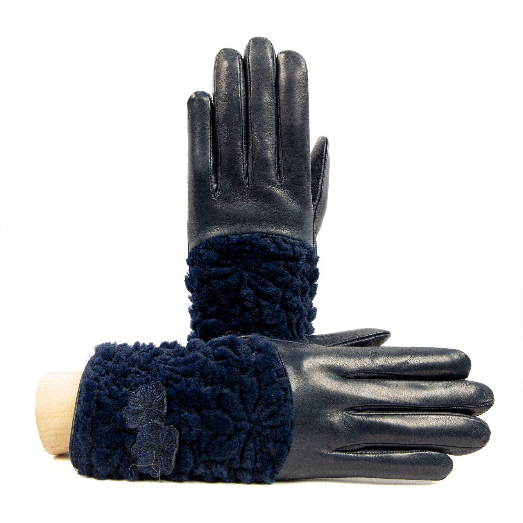 Women's blue nappa leather gloves with floral embroidered fur on top