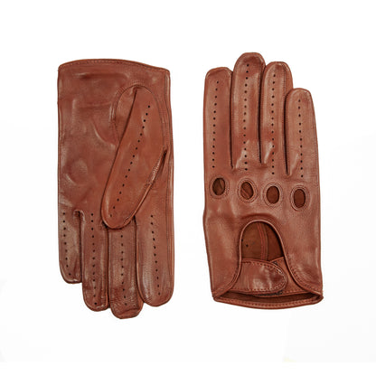 Men's cognac leather driving gloves with strap closure