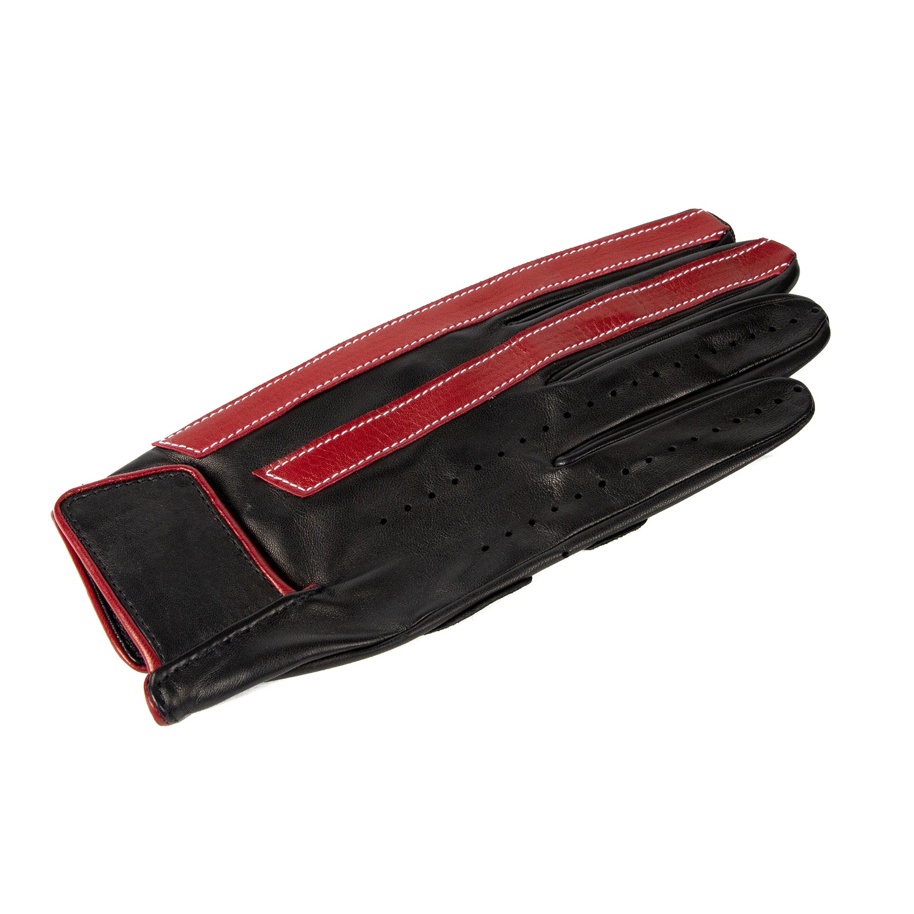 Men's unlined driving gloves in black nappa leather with red leather strips