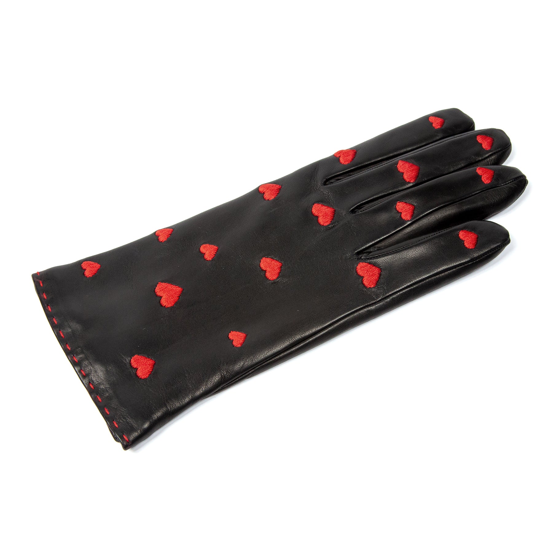 Women's black nappa leather gloves with red hearts on top red hand-stitching details and cashmere lining